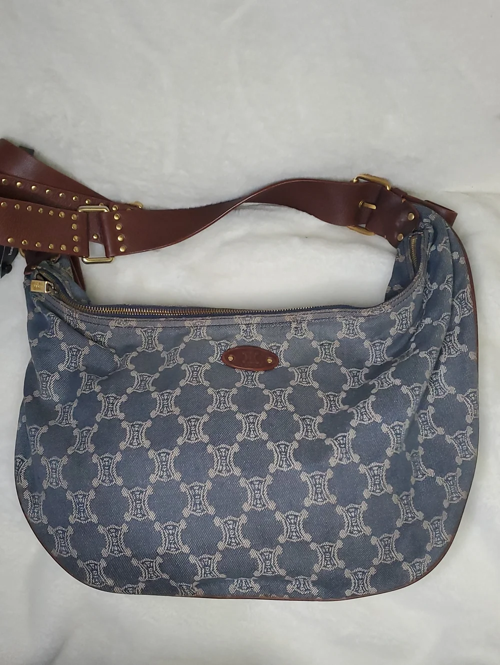 Celine Blue Jeans Distressedb Monogram Shoulder Bag with Brown Leather Strap